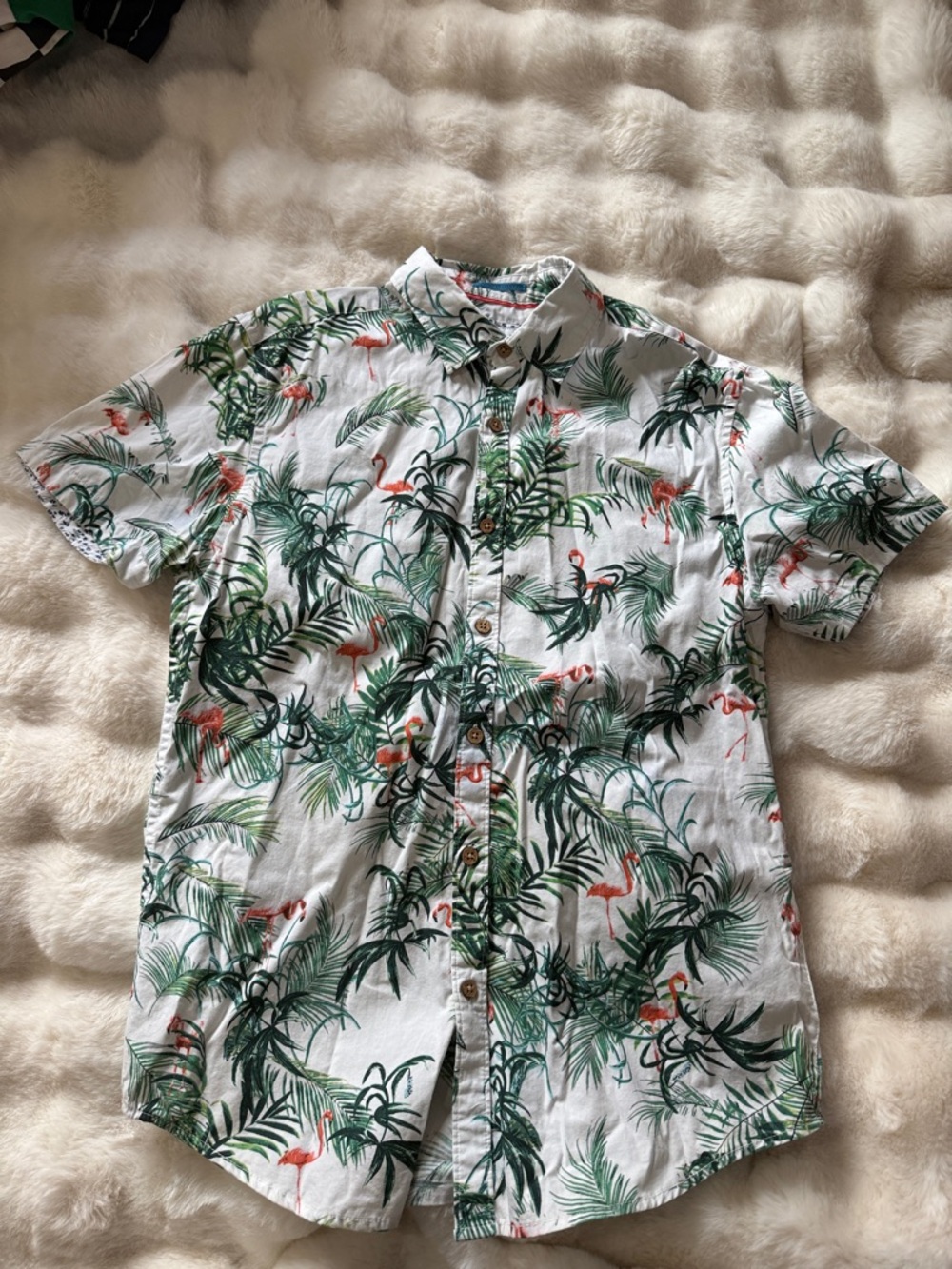 Denim & Flower White Button-Front Shirt with Green Palm & Pink Flamingo Print